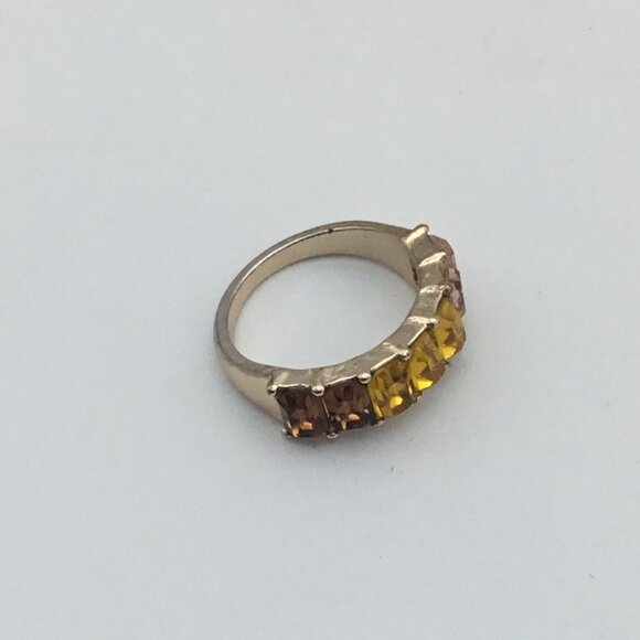 10K Gold Plate 7 Stone Emerald Cut Fashion Eternity Ring Sz 7.25 Amber Shades - Picture 6 of 7